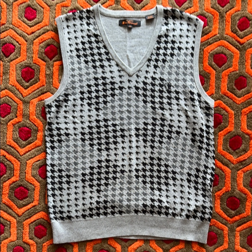 Ben Sherman Gray V-Neck Sweater Houndstooth Dogtooth Men's Medium